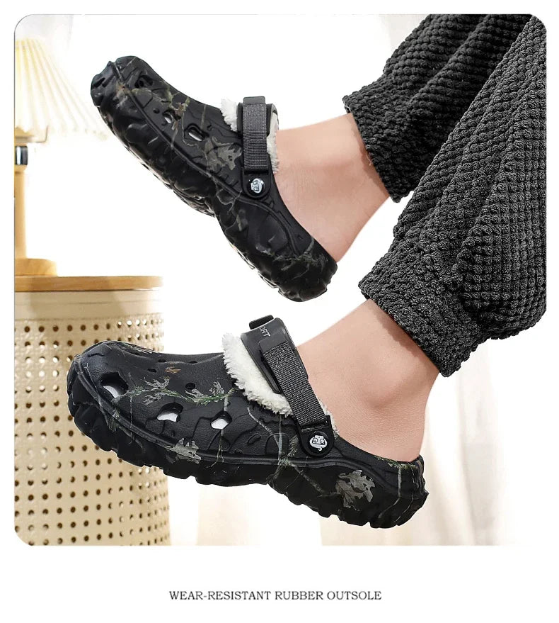 Winter Men’s Garden Clogs – Plush Fur Slippers & Fluffy Outdoor Slides for Couples