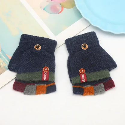 Kids’ Half-Finger Flip Gloves - Warm Jacquard Autumn Winter Gloves for Children and Students
