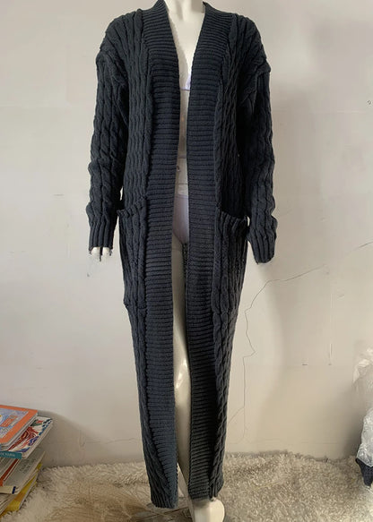 Women’s Long Knit Cardigan with Pockets – Vintage Full Sleeve Thick Autumn Winter Sweater Coat