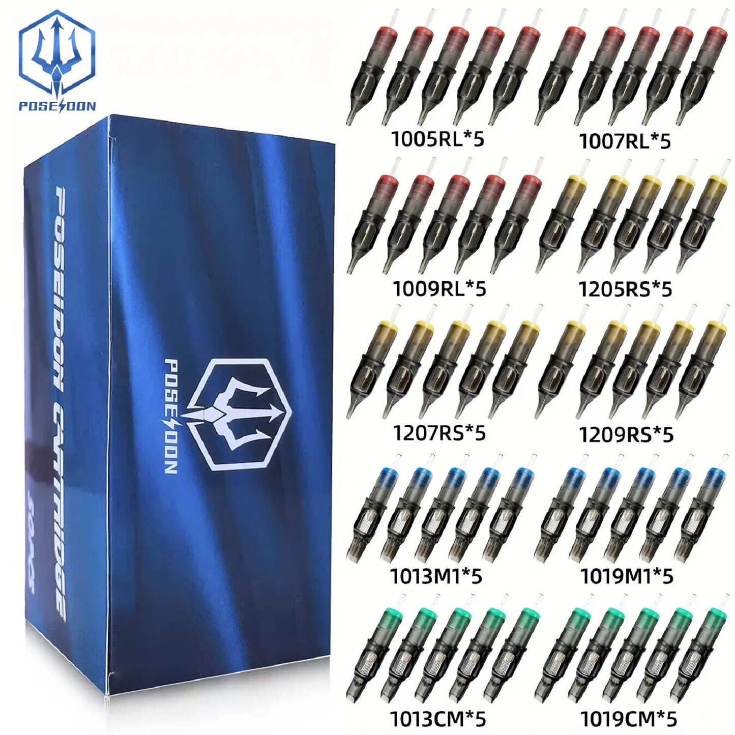 POSEIDON V2 50PCS Mixed Tattoo Cartridge Needles – RL, RS, RM, M1 Disposable Safety Membrane Needles for Professional Tattooing