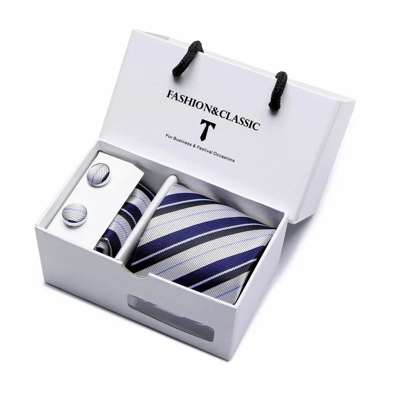 Black Paisley Tie Set - Men's Necktie, Pocket Square & Cufflinks Gift Box for Weddings & Formal Wear