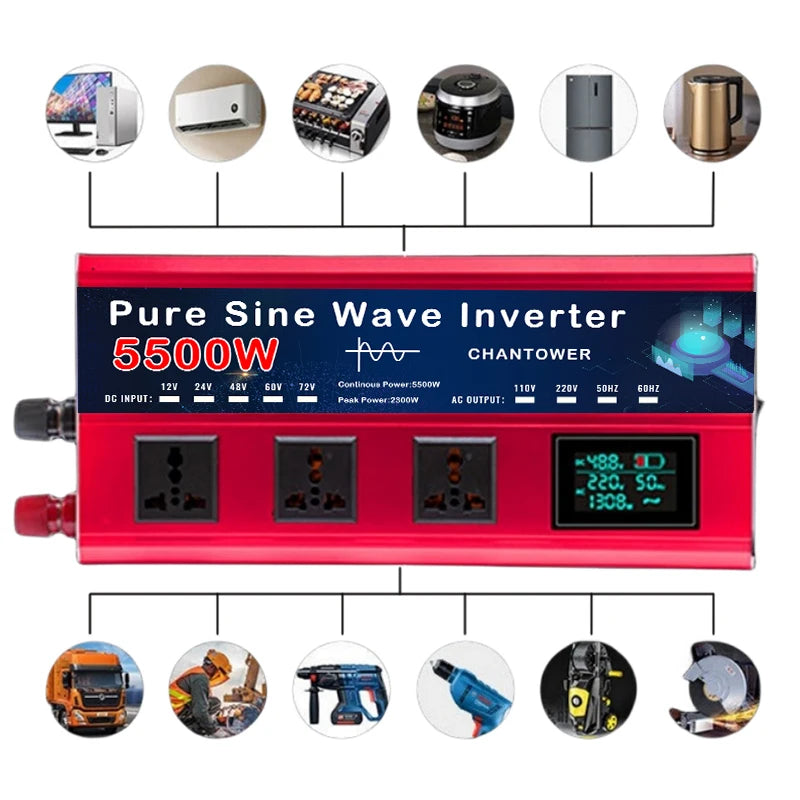 5500W Pure Sine Wave Inverter - DC 12v/24v/48v/60v/72v to AC 110v/220v Voltage Converter for Car & Solar Power