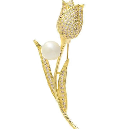 Luxury Tulip Flower Brooch Pin with White Stone – Elegant Rose Floral Jewelry for Women (2023 Design)