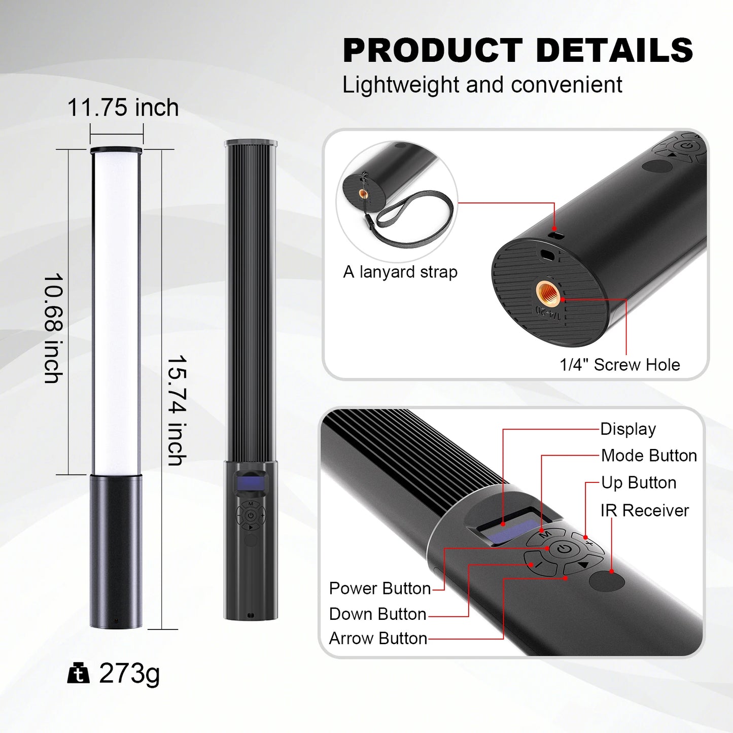 LUXCEO P400S Handheld RGB LED Video Light Wand with Built-in Battery 2500K-6500K 36000 Colors Photography Light for YouTube Vlogging & Studio Shooting