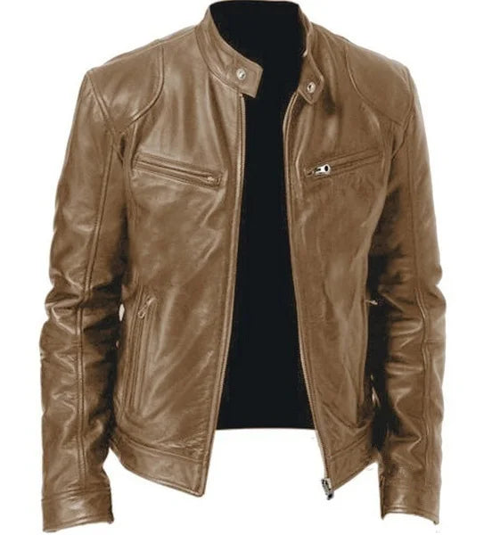 Men’s Slim Fit Motorcycle Leather Jacket – Short Lapel PU Zipper Windproof Coat for Autumn