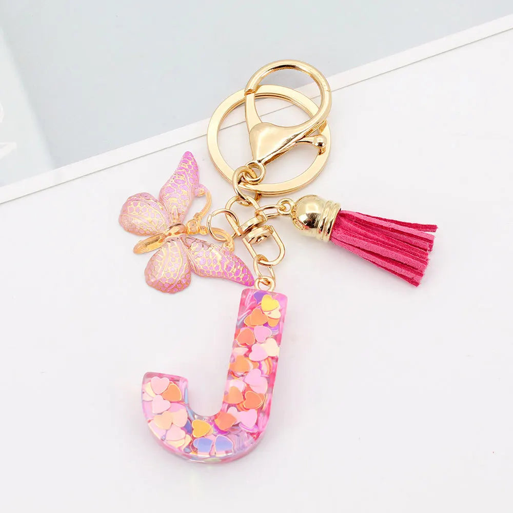 A-Z Letter Acrylic Keychain - Pink Butterfly Tassel Bag Charm & Key Ring