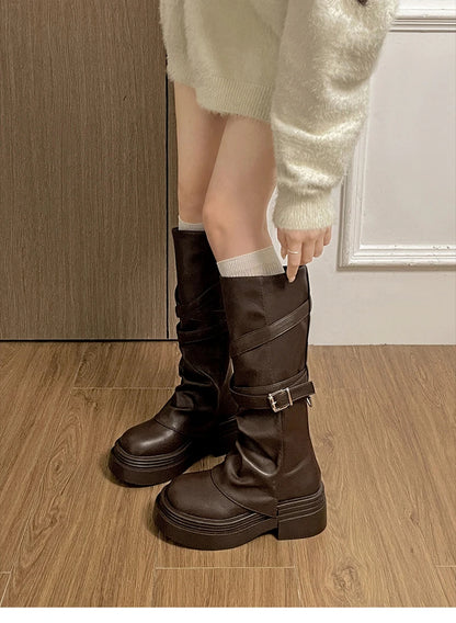 Vintage Thick Heel Women’s Knee-High Boots – Slip-On Fashion Booties for Autumn & Winter
