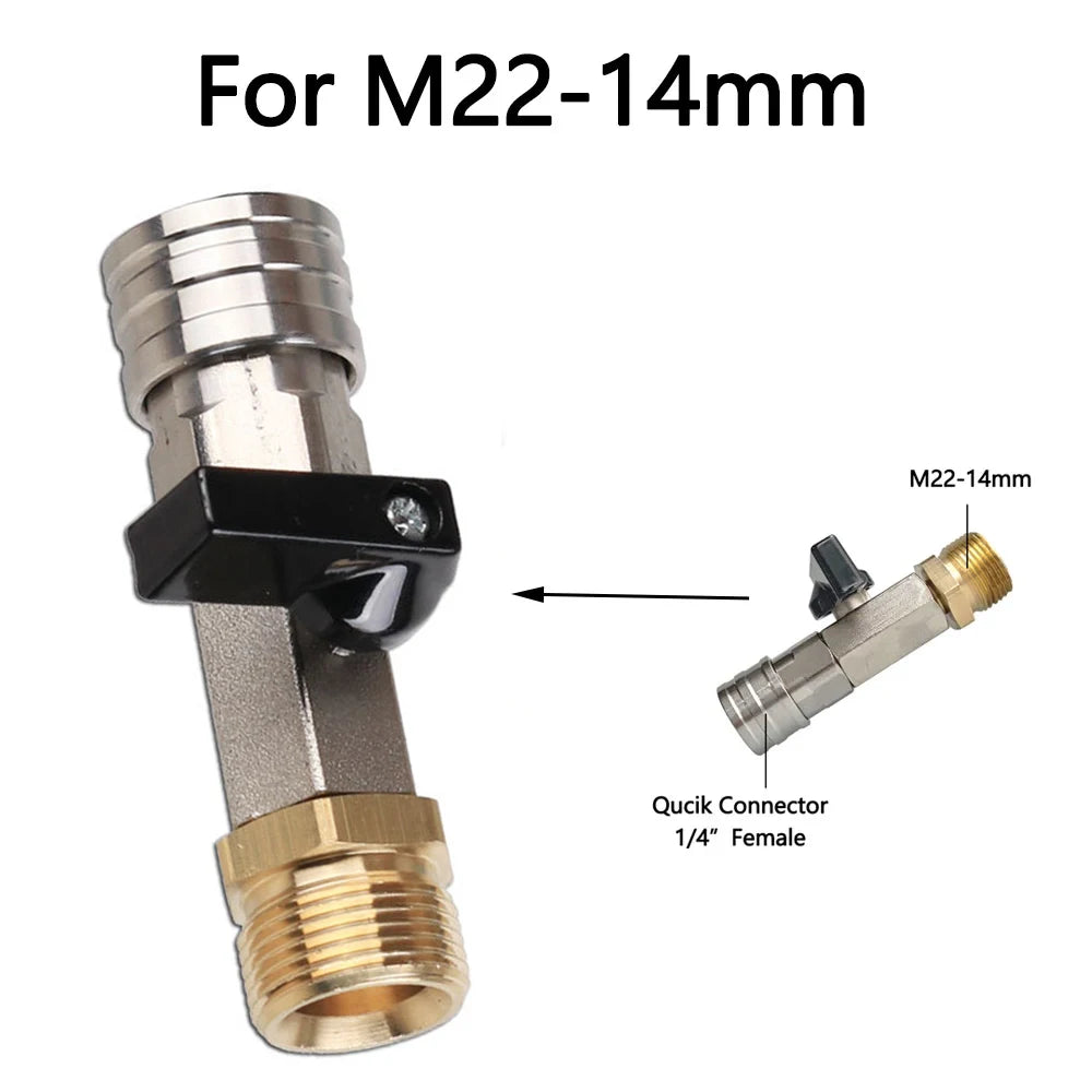 M22 14mm Pressure Washer Adapter with Ball Valve - 1/4" Quick Connect Hose Fitting with On/Off Switch