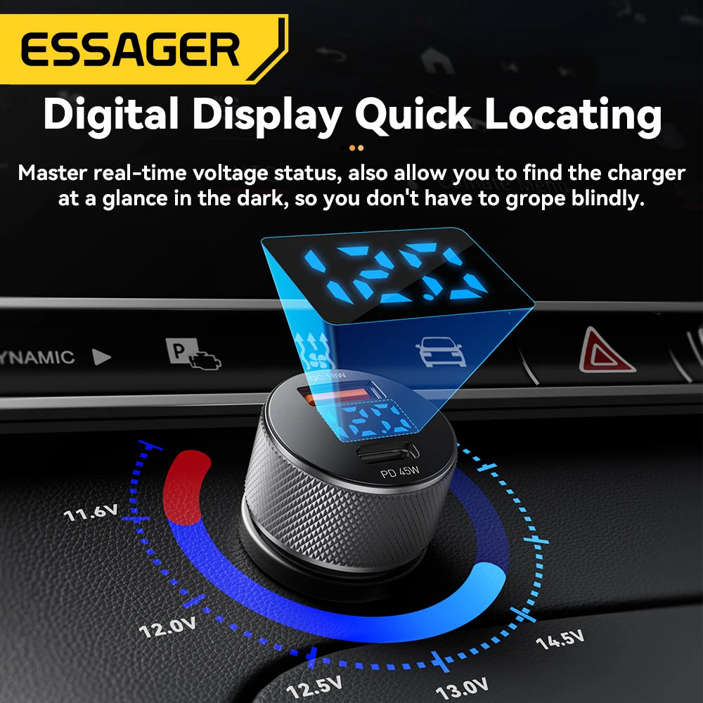 Essager 45W USB-C Car Charger – Dual Port PD 3.0 & QC 3.0 Fast Charging Adapter with Digital Display for iPhone 16/15, Samsung, Xiaomi, Huawei & OPPO Devices
