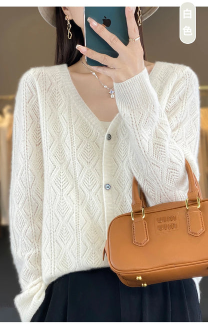 Women's 100% Wool Cashmere Cardigan – V-Neck, Super Soft, Loose Fit, Long Sleeve Knit Sweater