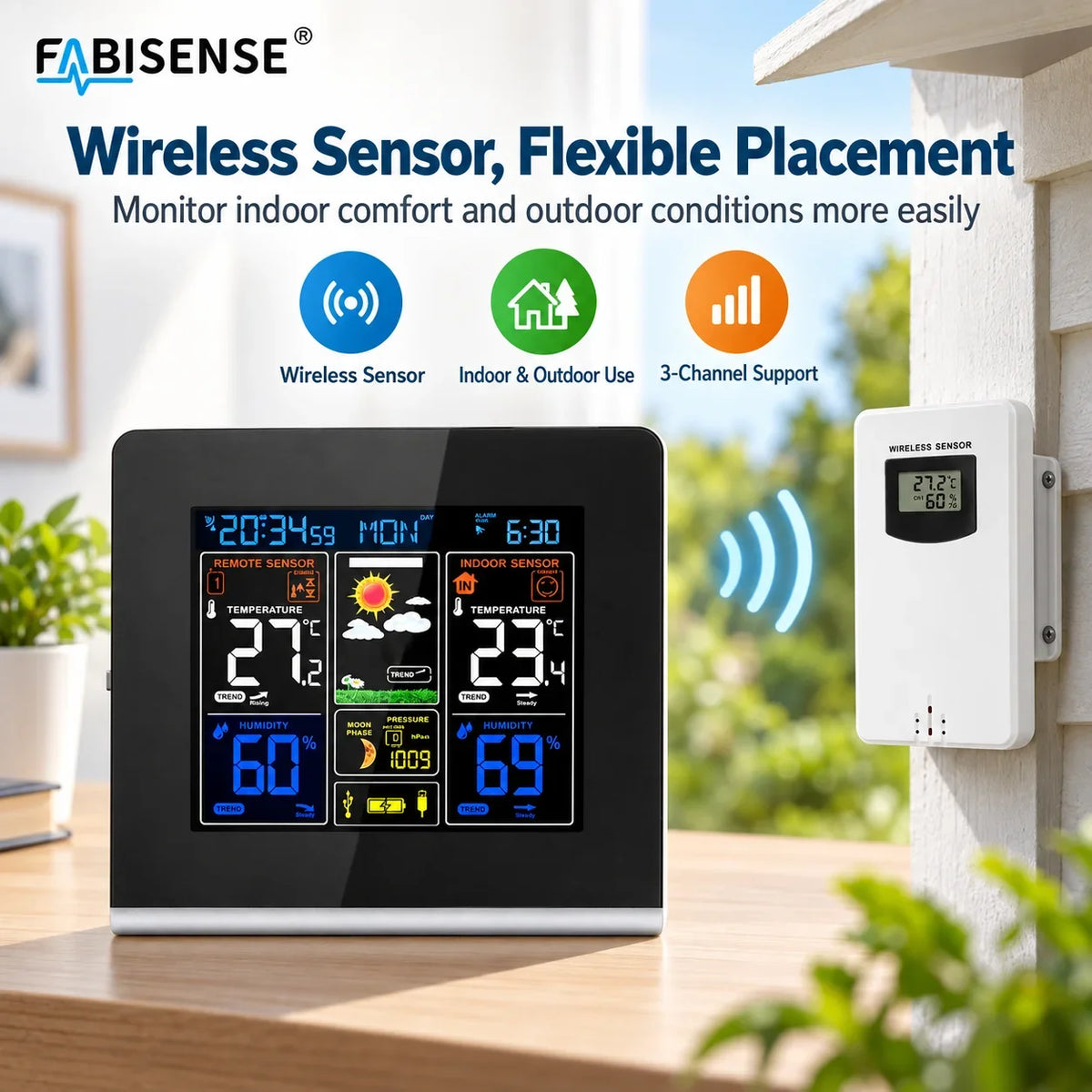 FABISENSE Wireless Weather Station - Indoor & Outdoor Thermometer Hygrometer with Forecast, Barometer, Moon Phase & USB Power