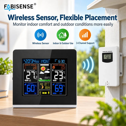 FABISENSE Wireless Weather Station - Indoor & Outdoor Thermometer Hygrometer with Forecast, Barometer, Moon Phase & USB Power