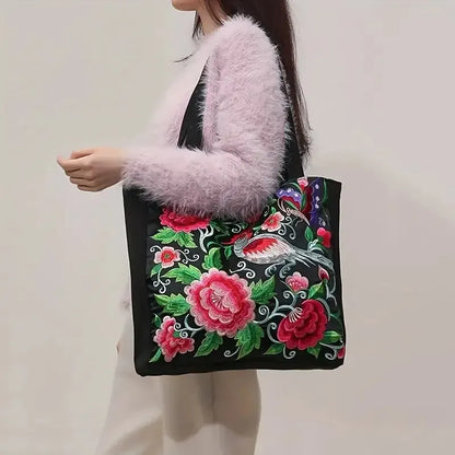 Ethnic Style Flower Embroidery Canvas Tote - Large Capacity Shoulder Bag Handbag for Women