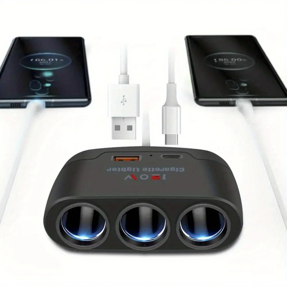 120W 3-in-1 Fast Charge Car Charger - Cigarette Lighter Power Adapter for Mobile Phones, DVR & GPS Devices