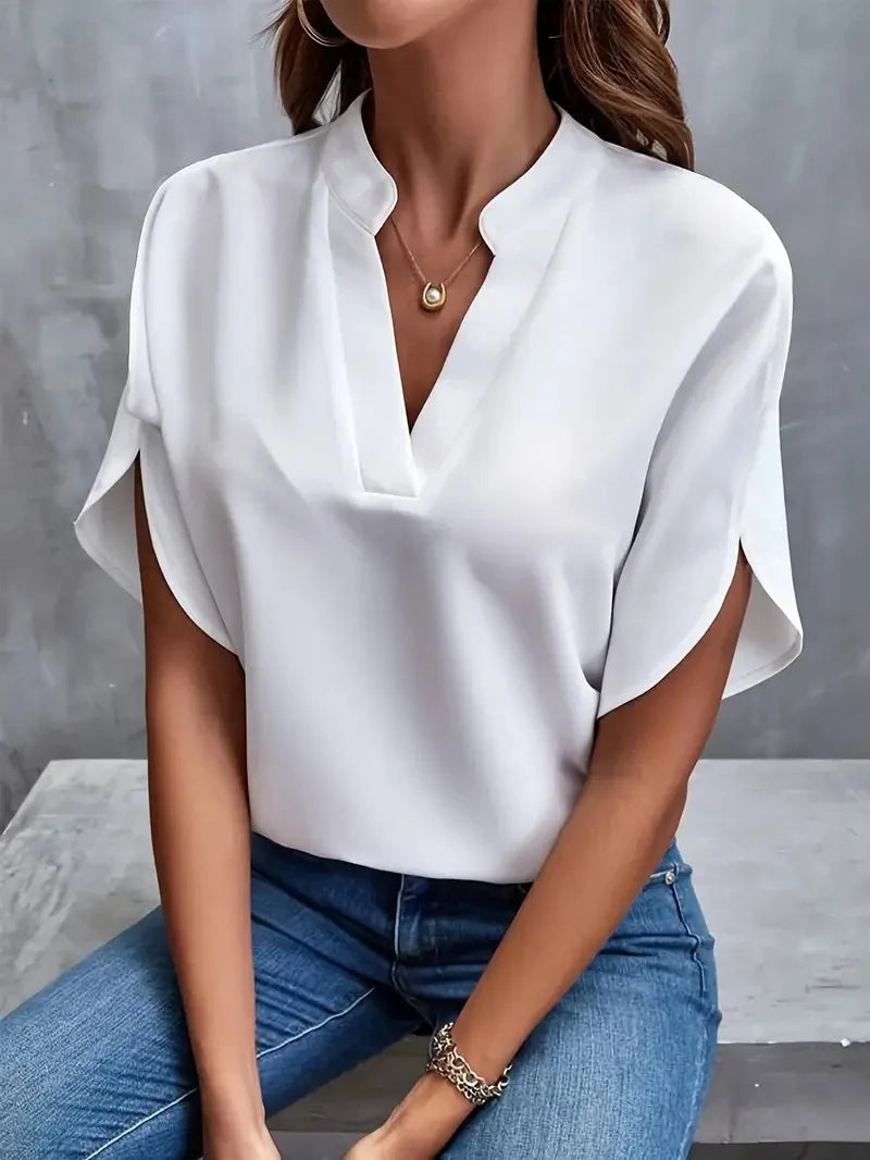 Women’s V-Neck Summer Blouse - Casual Solid Half Sleeve Loose Fit Elegant Office Pullover Shirt Top