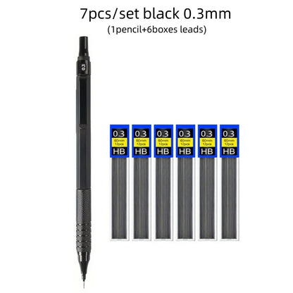 Low Center of Gravity Metal Mechanical Pencil Set – 0.3–2.0mm Lead Refills for Art, Sketching, Painting, and Writing