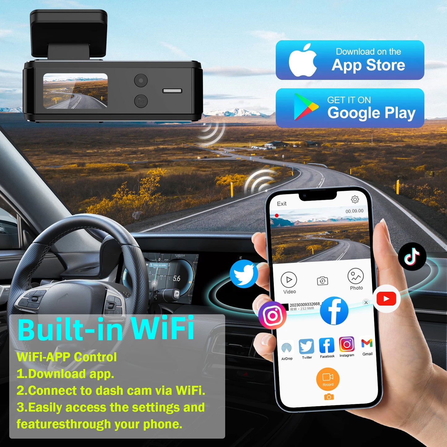 Aprilboy 4K WiFi Dash Cam 2160P – Dual Lens Front & Rear Car DVR, Night Vision, G-Sensor, 24H Parking Monitor