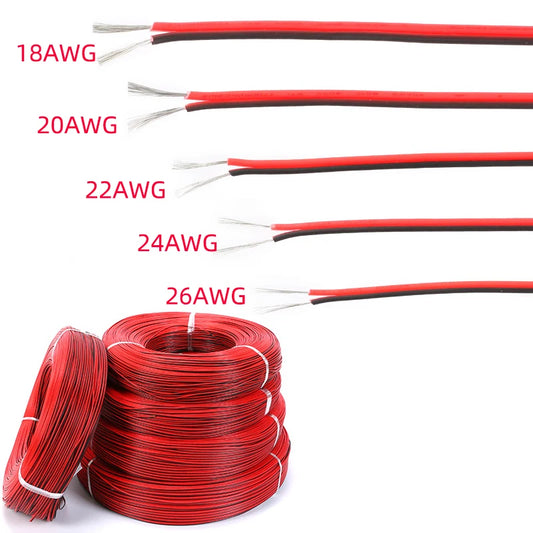2-Pin Electrical Wire – Tinned Copper 18/20/22/24/26 AWG Insulated PVC Extension Cable for LED Strip, Red & Black