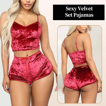 Women's Sexy Strappy Pajama Set: Velvet Polyester Comfortable V-neck Underwear - 2 Piece Sleeveless Home Clothes