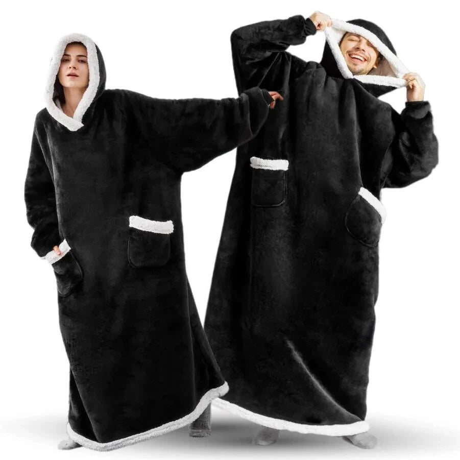 2024 Oversized Flannel Blanket Hoodie – Super Long Fleece Pullover with Sleeves for Winter