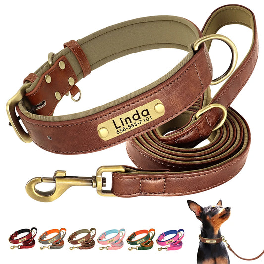 Customized Leather Dog Collar & Leash Set – Soft Padded Adjustable Collar for Small, Medium & Large Dogs with Engraved Nameplate