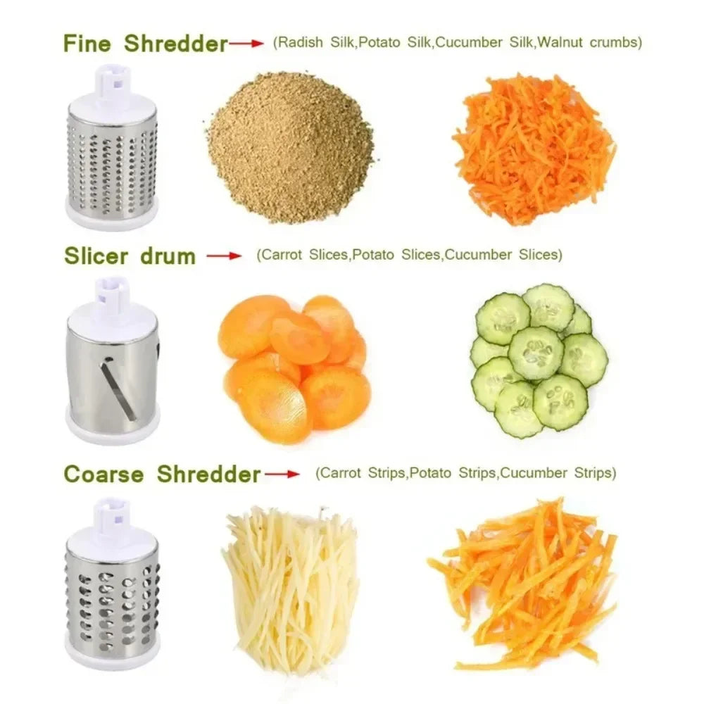 Manual Vegetable Cutter Slicer - 3 Drum Multifunction Kitchen Cheese Grater for Garlic, Potato & Shredding