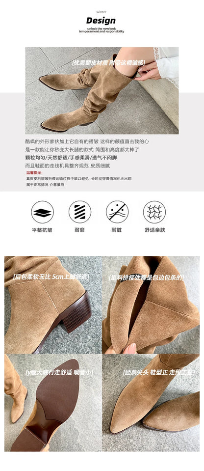 2025 Women's Knee-High Suede Boots – Retro Pointed Toe, Square Heel Slip-On