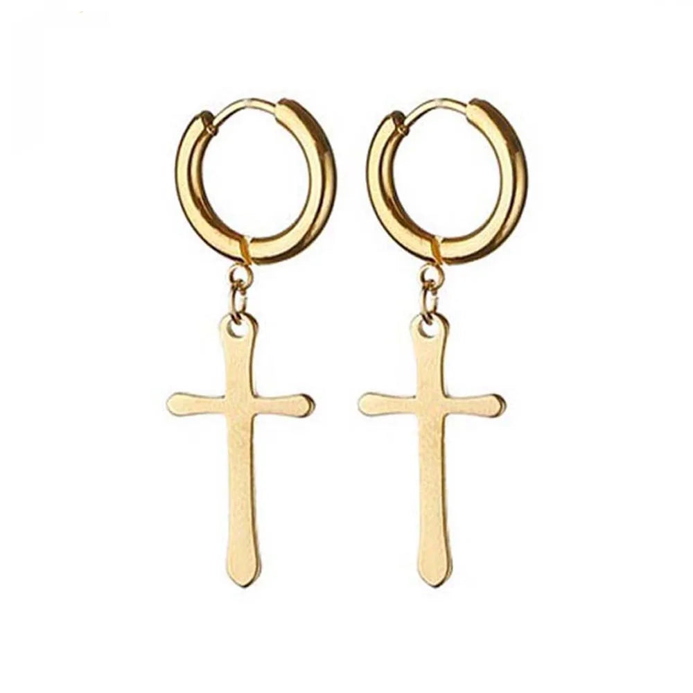 Gold Cross Huggie Hoop Earrings - Minimalist Dangle Charm Jewelry for Men & Women