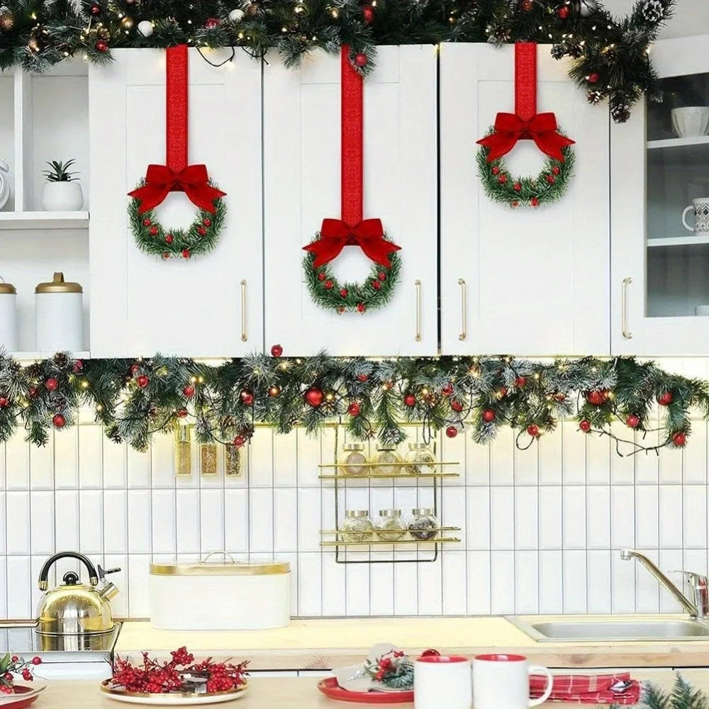 Set of 4 Mini Christmas Wreaths with Ribbon Bows & Red Berry Accents – Festive Window & Home Party Decorations
