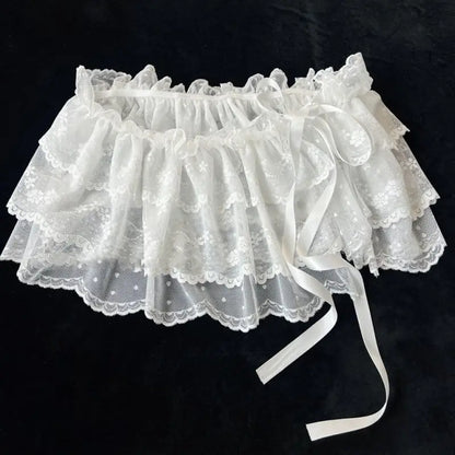 White Lace Irregular Skirt - Floral Mesh Decorative Hemline for Women’s Summer Jeans