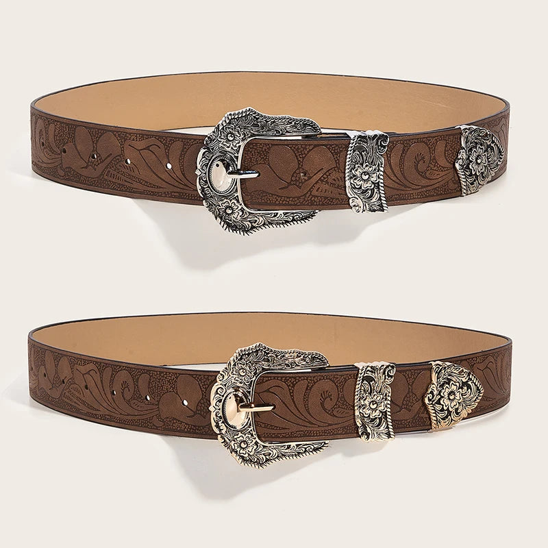 Western Brown PU Leather Vintage Belt for Women — Cowgirl Waist Belt with Metal Carved Buckle, 3-Set Designer Belts for Jeans