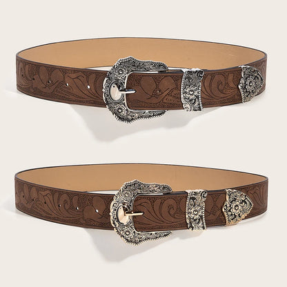 Western Brown PU Leather Vintage Belt for Women — Cowgirl Waist Belt with Metal Carved Buckle, 3-Set Designer Belts for Jeans