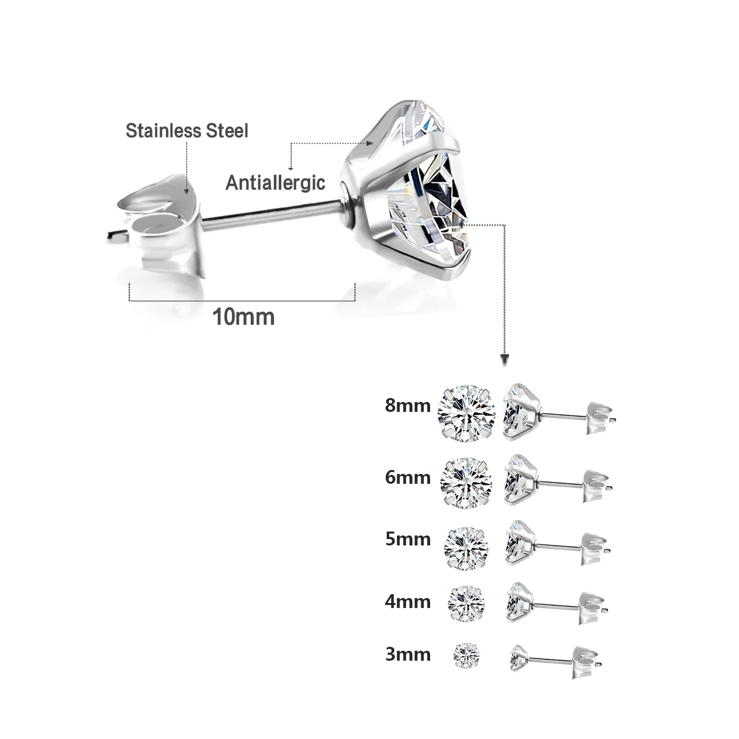 LUXUSTEEL Stainless Steel Crystal Stud Earrings –  4-Prong Cubic Zirconia Round Tragus Earrings for Women & Men