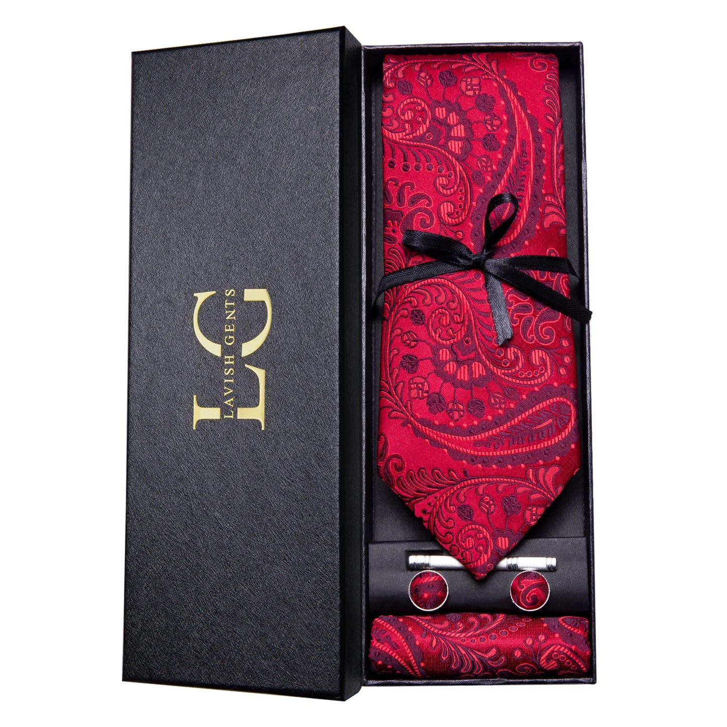 Hi-Tie Luxury Paisley Teal Green Tie Set - Men’s Classic Necktie with Handkerchief & Cufflinks Gift Box for Wedding & Formal Wear