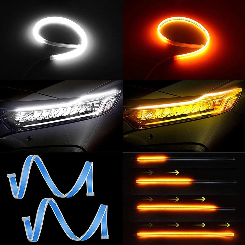 2pcs 12V LED DRL Car Daytime Running Light Strip - Flexible Waterproof Auto Headlights with White Turn Signal and Yellow Brake Flow Lights