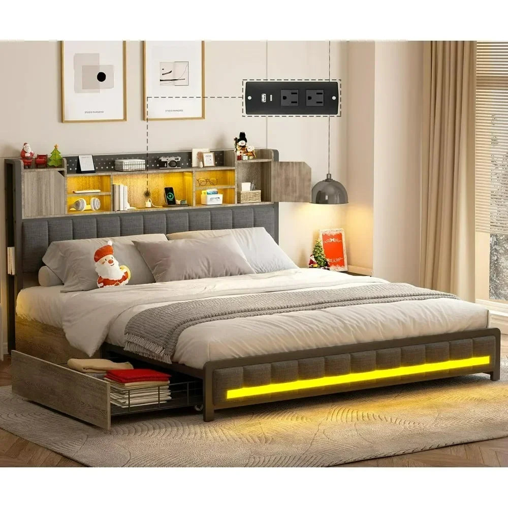 Queen Bed Frame with 4 Storage Drawers – Upholstered LED Bed with Bookcase Headboard, Type-C & USB Charging Station