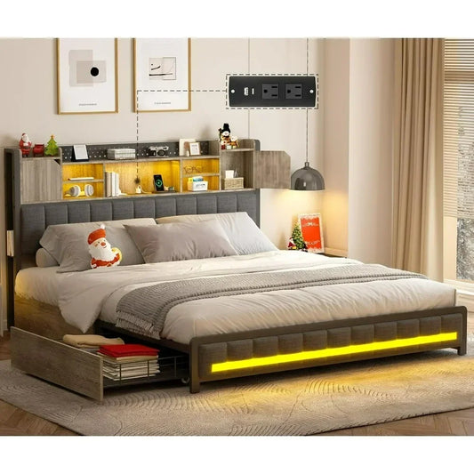 Queen Bed Frame with 4 Storage Drawers – Upholstered LED Bed with Bookcase Headboard, Type-C & USB Charging Station