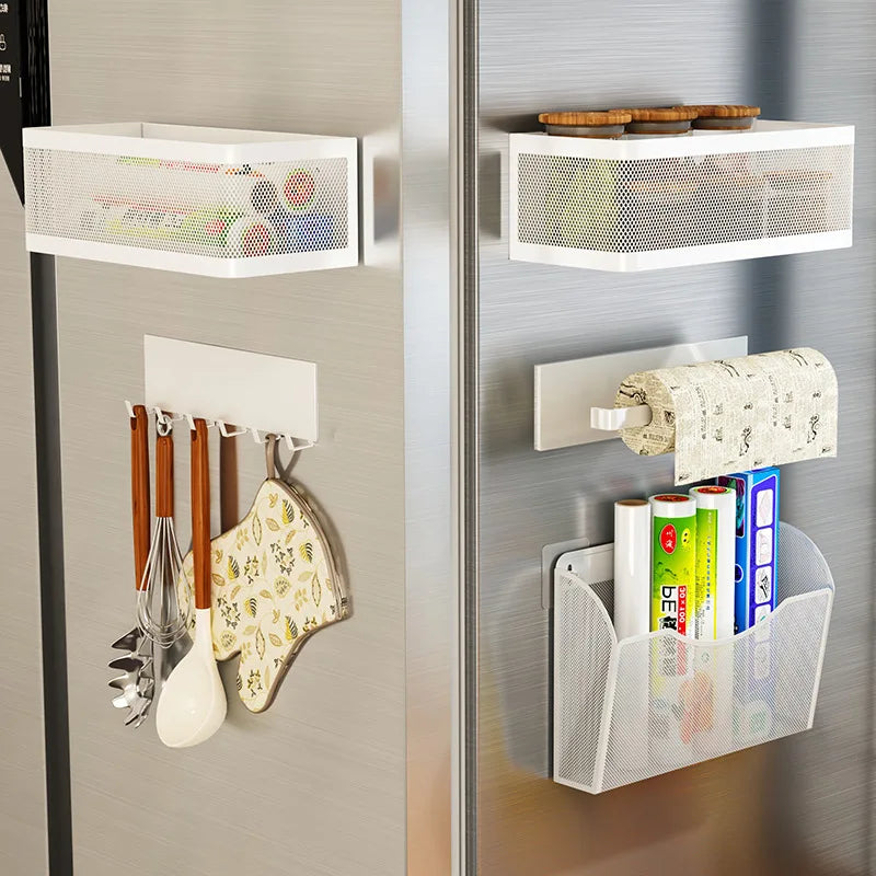 Magnetic Refrigerator Side Storage Rack - Iron Space-Saving Hanging Basket, Kitchen Organizer Shelf for Household