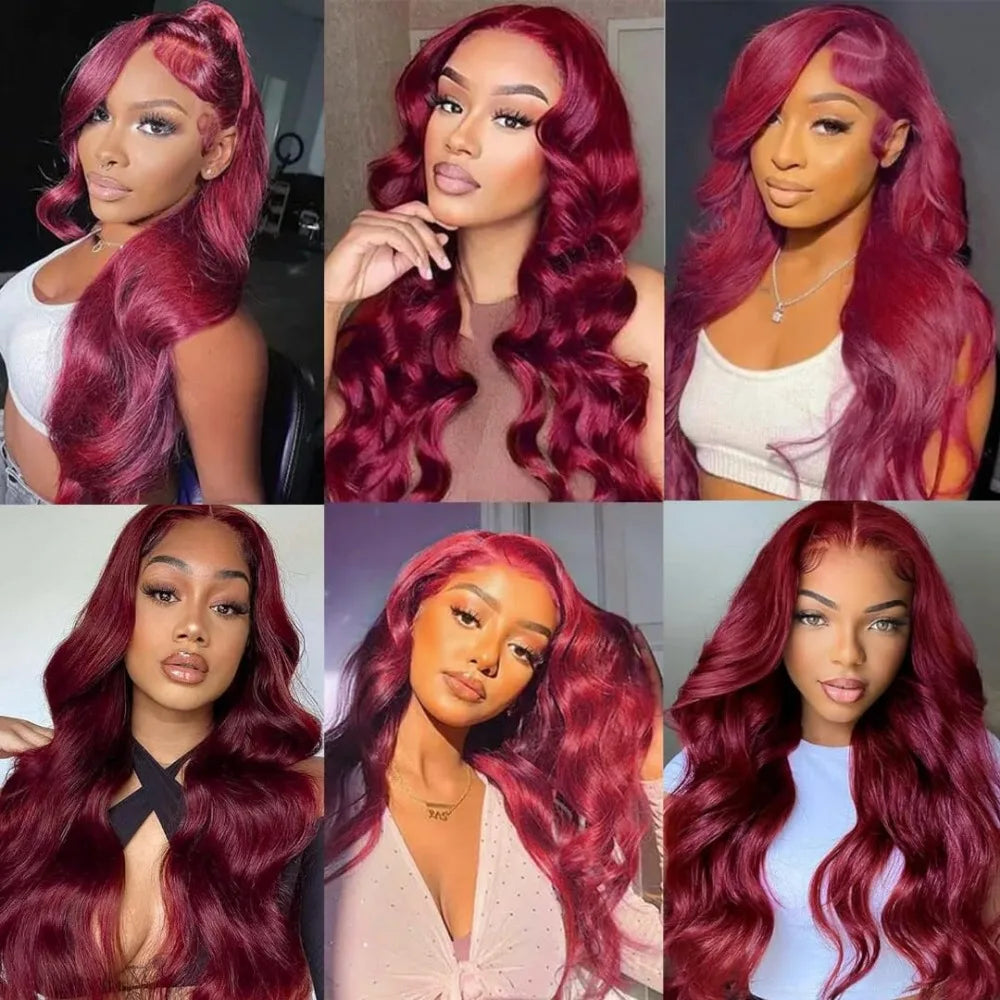 99J Burgundy Lace Frontal Wig – 13x6 Body Wave HD Transparent Lace Front Human Hair, Pre-Plucked 99J Red Color