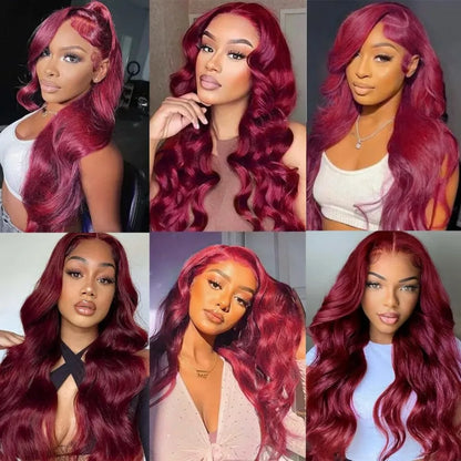 99J Burgundy Lace Frontal Wig – 13x6 Body Wave HD Transparent Lace Front Human Hair, Pre-Plucked 99J Red Color