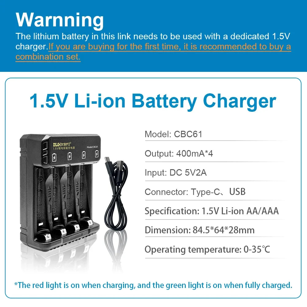 DLGPOWER 1.5V AA/AAA Rechargeable Lithium Batteries with Charger – for Camera, Electric Toy, Remote Control, Game Controller