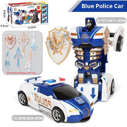Blue Children's Police Car Toy – One-Button Deformation Car, Inertia Impact for Boys