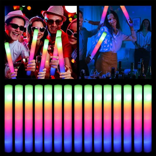 15/30PCS LED Glow Sticks Bulk – Colorful RGB Foam Light-Up Cheer Tubes for Christmas, Birthday, Wedding & Party Supplies
