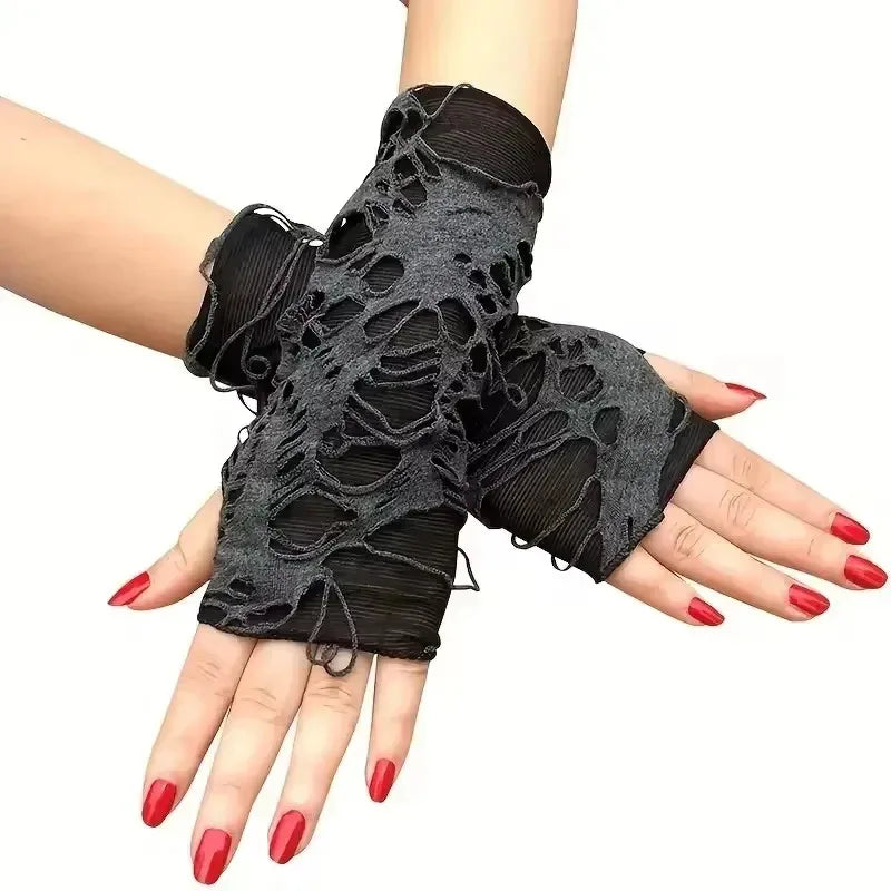 Gothic Fingerless Tear Gloves - Unisex Stretchy Fashion Gloves for Party & Cosplay Wear