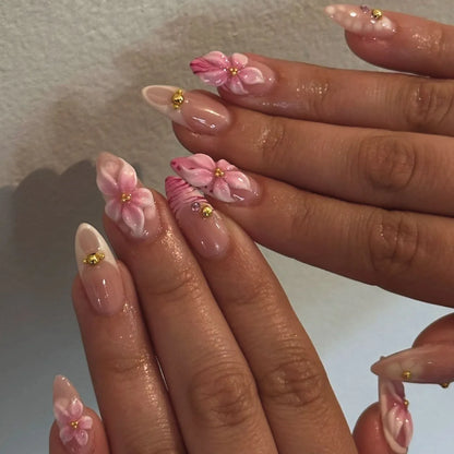24PCS Strawberry Bow Press On Nails - Red Short Almond Pearl Starlight Floral False Nail Art Tips