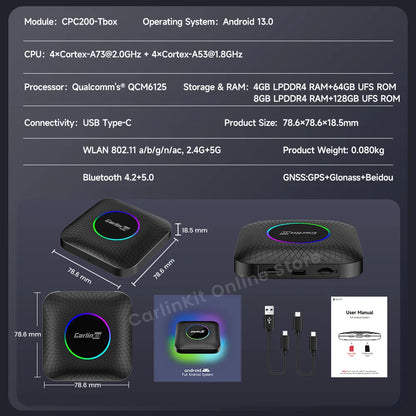 Carlinkit Android 13 TV Box - Wireless CarPlay and Android Auto Adapter with 8+128GB, LED Display - Supports YouTube, Netflix, IPTV, Spotify, GPS