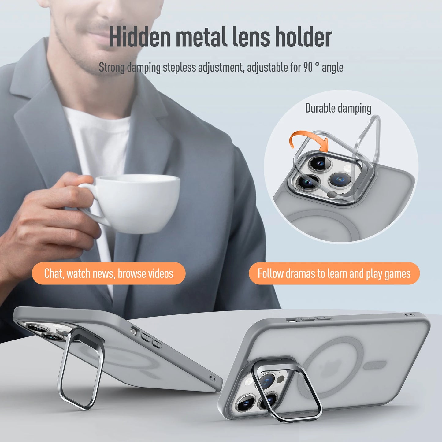 Magnetic Metal Lens Stand for iPhone 11–17 – MagSafe Compatible Matte Wireless Charging Case Holder