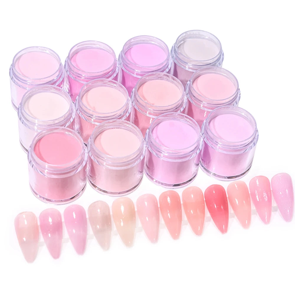 12-Color Nude Pink 3-in-1 Professional Acrylic Powder Set - 12 Jars for Dip & Acrylic Nail Extensions, Structure & Dust, 10g Each