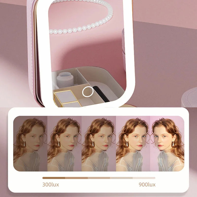 LED Makeup Bag with Mirror – Portable Cosmetic Storage for Women, Small Lipstick & Brush Organizer with Wireless Light