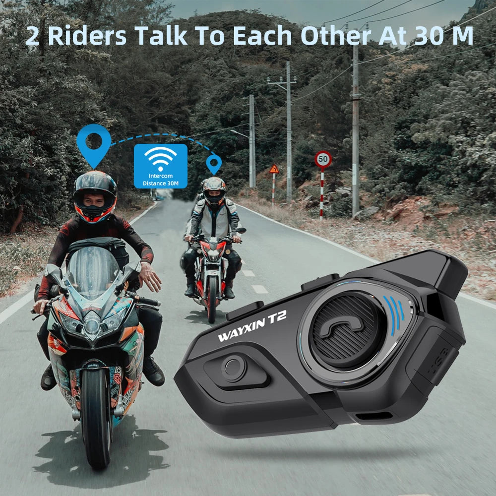 WAYXIN T2 Motorcycle Helmet Bluetooth Headset – Waterproof 300M Intercom for 2 Riders, BT 5.1 Moto Interphone
